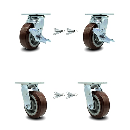 Service Caster 5 Inch Polyurethane Caster Set with Roller Bearings 4 Swivel Lock 2 Brake SCC SCC-30CS520-PPUR-TLB-BSL-2-BSL-2